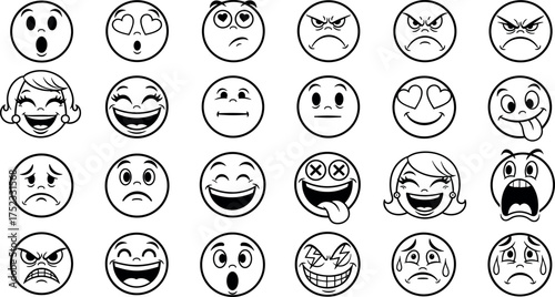 A monochrome set of cartoon emoticons and smiley faces illustrating a wide range of human emotions and expressions in black and white line art