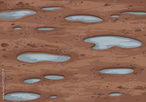 Muddy Ground with Puddles Cartoon Style Illustration Brown Earth.