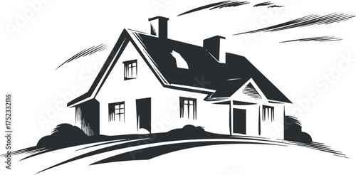 Black and white illustration of a classic house with chimney and windows in a rural setting.