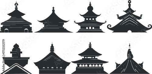 Silhouette illustration of traditional Asian pagoda roofs, showcasing diverse architectural designs.