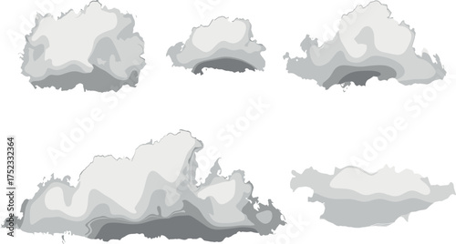 A versatile set of five isolated gray cloud illustrations. Vector graphic elements for weather, sky, and creative design projects