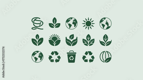 Green eco symbols including leaves sun earth recycling bin vector