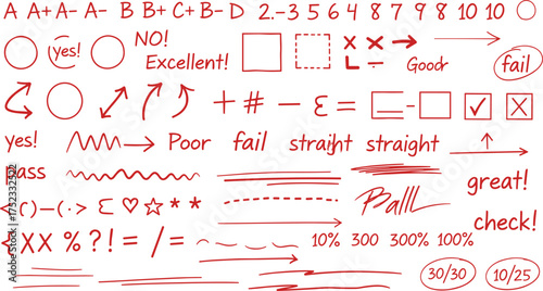 Educational symbols and grades in red for design elements, including arrows, checks, and marks