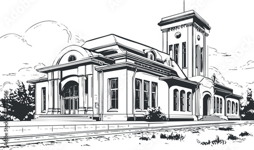 Black and white illustration of a historical building with a prominent tower and detailed architecture.