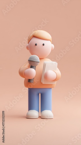 Cartoon character holding a microphone and a notepad.