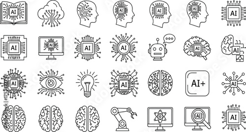 AI Technology Icons A set of linear style icons representing Artificial Intelligence