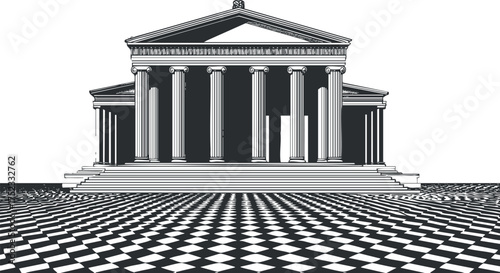 Monochrome illustration of a classical temple with columns and patterned foreground.
