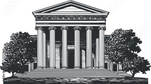 Black and white illustration of a classical building with columns and trees.