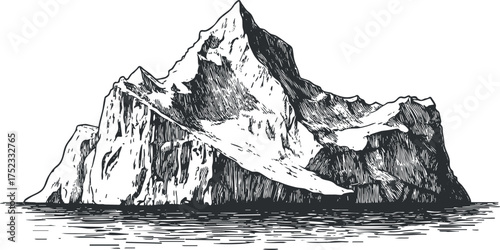Black and white illustration of a detailed iceberg sketch floating in the ocean.