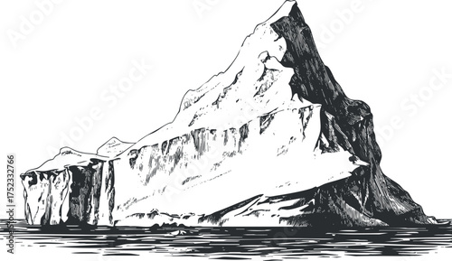 Detailed black and white illustration of a massive iceberg floating in the ocean waters.