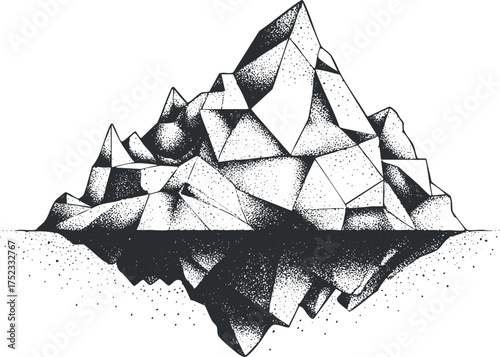 Geometric black and white illustration of an iceberg using dot art and polygon shapes.