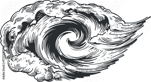 Black and white illustration of a swirling storm cloud with dynamic lines and textures.