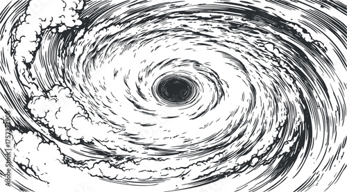 Monochrome illustration of a swirling vortex with dynamic lines and cloud-like patterns.