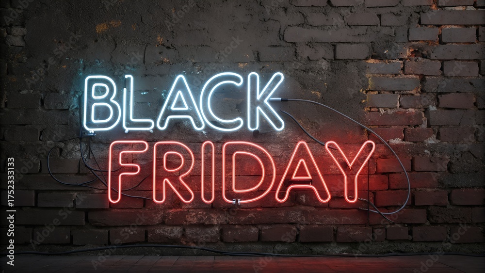 Fototapeta premium Neon sign spelling black friday on brick wall
