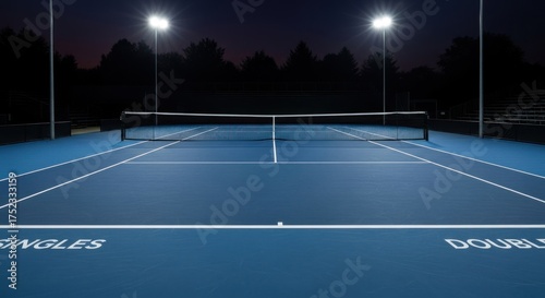 Empty blue tennis court illuminated by bright lights at dusk, ready for a game.