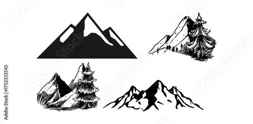 Collection of mountain vectors in multiple styles including sketch, outline, and silhouette for adventure, hiking, trekking, climbing, and travel design