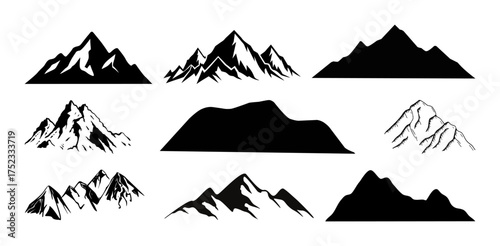 Set of black mountain silhouette vectors with different peaks and shapes, perfect for outdoor adventure, hiking, climbing, and travel design elements