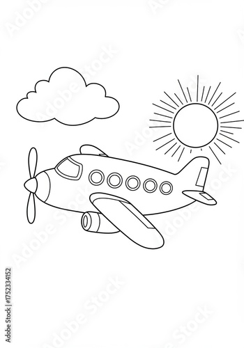 Airplane coloring page for kids featuring sun and cloud scene