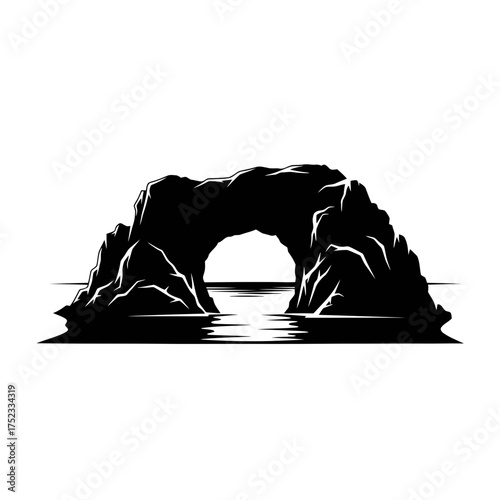 Rock arch over water silhouette isolated on white background