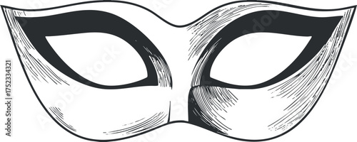 Black and white illustration of an elegant masquerade mask for costume parties and celebrations.