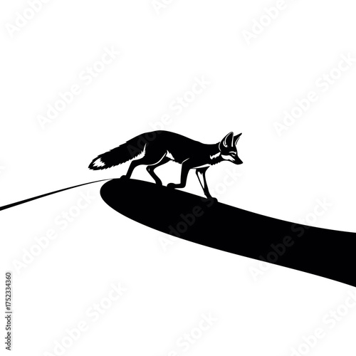 Fox walking on a dune silhouette isolated on white background