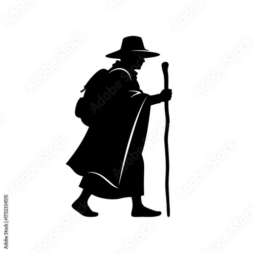 Silhouette of a traveler with a backpack and walking stick isolated on white background silhouette