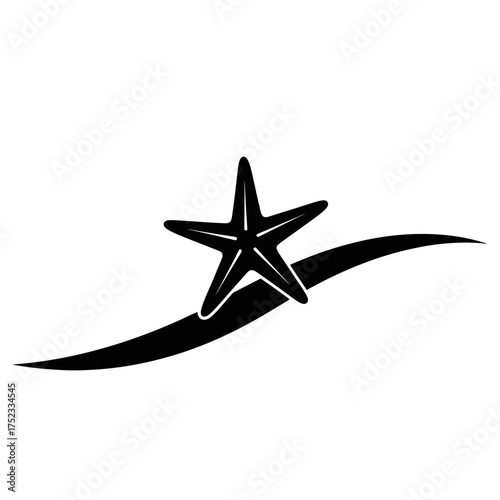 Starfish silhouette on a flowing wave isolated on white background