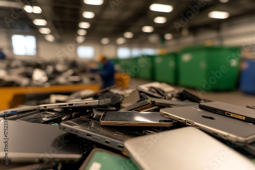 Pile of discarded mobile phones and electronic devices ready for recycling in an industrial recycling center. E-waste management is important.