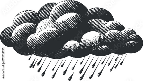 Vintage hand-drawn illustration of a rain cloud with droplets in black and white.