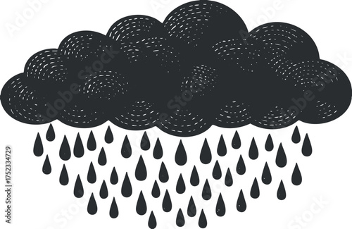 Illustration of a black cloud with raindrops representing rainy weather and stormy conditions.
