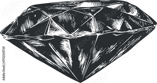 Vintage black and white illustration of a cut diamond with detailed facets and shading.