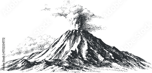 Black and white illustration of a volcano erupting with smoke and ash clouds.