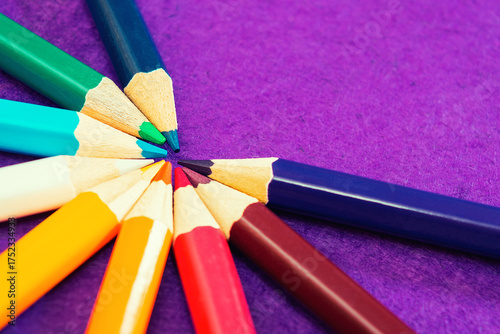 Nine multicolored pencils on a purple felt background. Different colored pencils with space for text. Back to school. Art lessons.