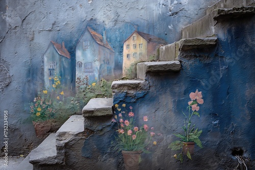 Chalk Street Drawing on Blue Steps