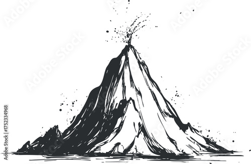 Monochrome sketch of a volcanic eruption with smoke and ash, capturing dynamic natural activity.