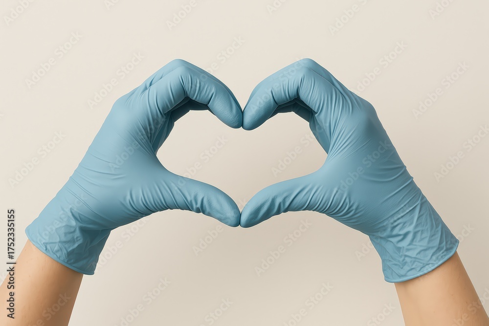 Fototapeta premium Gloved Hands Forming Heart Shape on Neutral Background