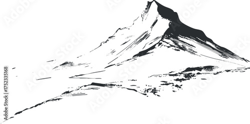 Monochrome illustration of a mountain peak, drawn in a minimalist black and white style.