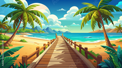 Very beautiful tropical boardwalk leading to a sandy beach surrounded by palm trees, turquoise ocean waves, and warm sunlight creating a serene coastal escape.
