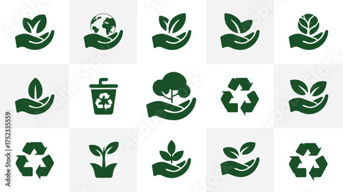 Green nature care and recycling symbols leaf hand