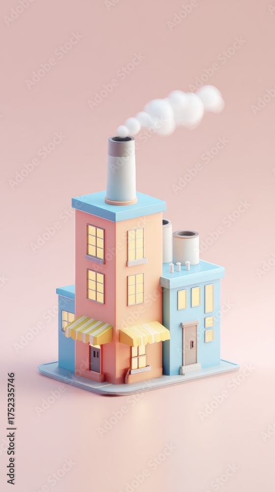 Fototapeta premium Colorful factory illustration with smoke, pastel colors, and architectural design.