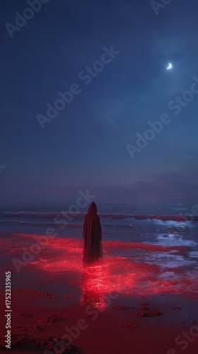 Una figura encapuchada de pie en una playa iluminada por la luna, con una atmósfera misteriosa y onírica.