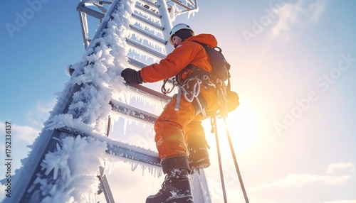 Cell Tower Inspector Climbing Icy Structure with Safety Harness