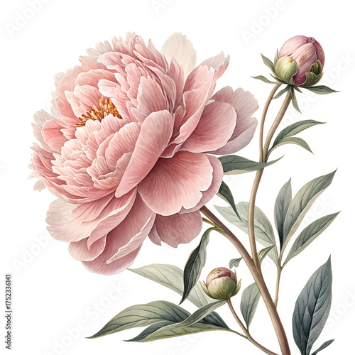 Vintage Watercolor Vector Illustration of Pink Peony Flower with Buds on White Background