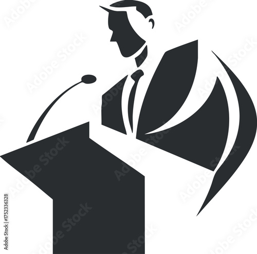 Silhouette of a person speaking at a podium with a microphone, symbolizing public speaking.