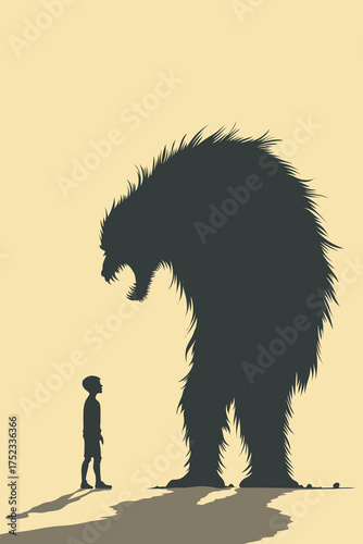 Conceptual illustration of a child facing a shadow monster symbolizing fear and inner trauma