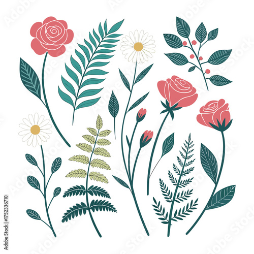 Flat Vector Floral Set of Roses, Daisies, Fern Leaves, and Berries White Background