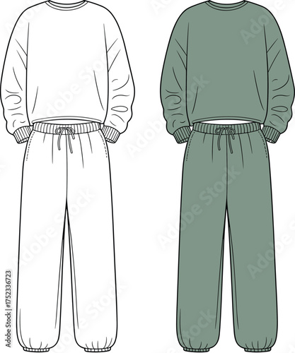 Vector fashion illustration of matching sweatshirt and jogger set, front view, casual outfit template, unisex loungewear, CAD sketch drawing