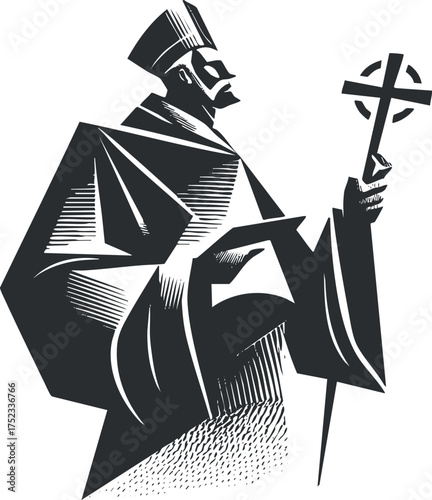 Monochrome illustration of a bishop holding a cross, symbolizing religious faith and leadership.