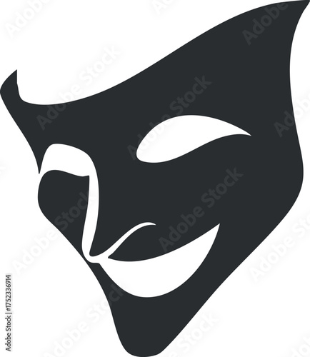 Black and white theater mask symbolizing comedy and tragedy in a minimalist design.