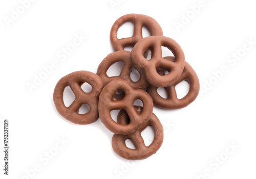 Chocolate pretzels top view on a white background